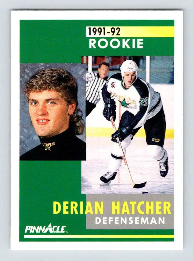 1991-92 Pinnacle Derian Hatcher rookie card featuring Minnesota North Stars defenseman action shots