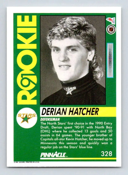 Vintage 1991-92 Pinnacle Derian Hatcher Minnesota North Stars Hockey Card with green borders