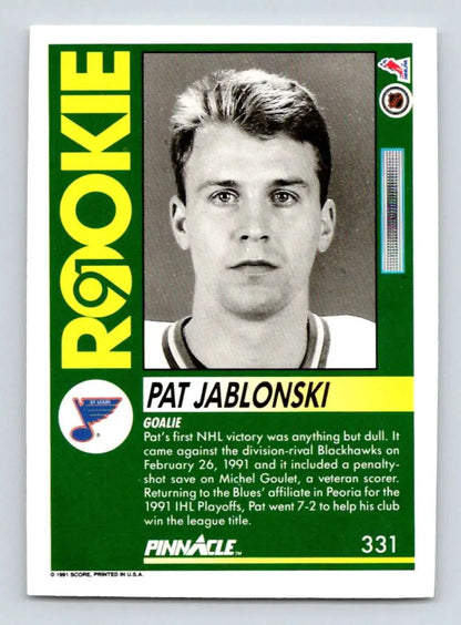 Vintage green-bordered Pinnacle hockey card of Pat Jablonski, St. Louis Blues rookie