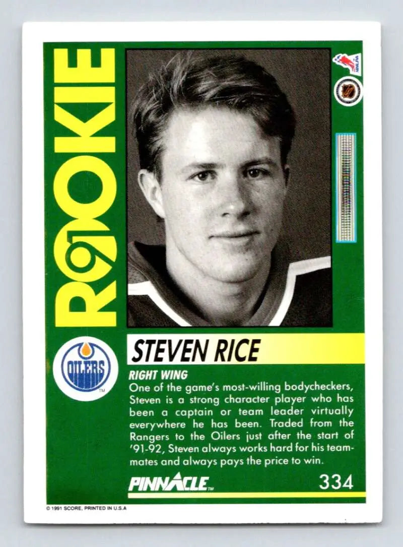 Hockey card featuring Steven Rice with green border and Edmonton Oilers player photo