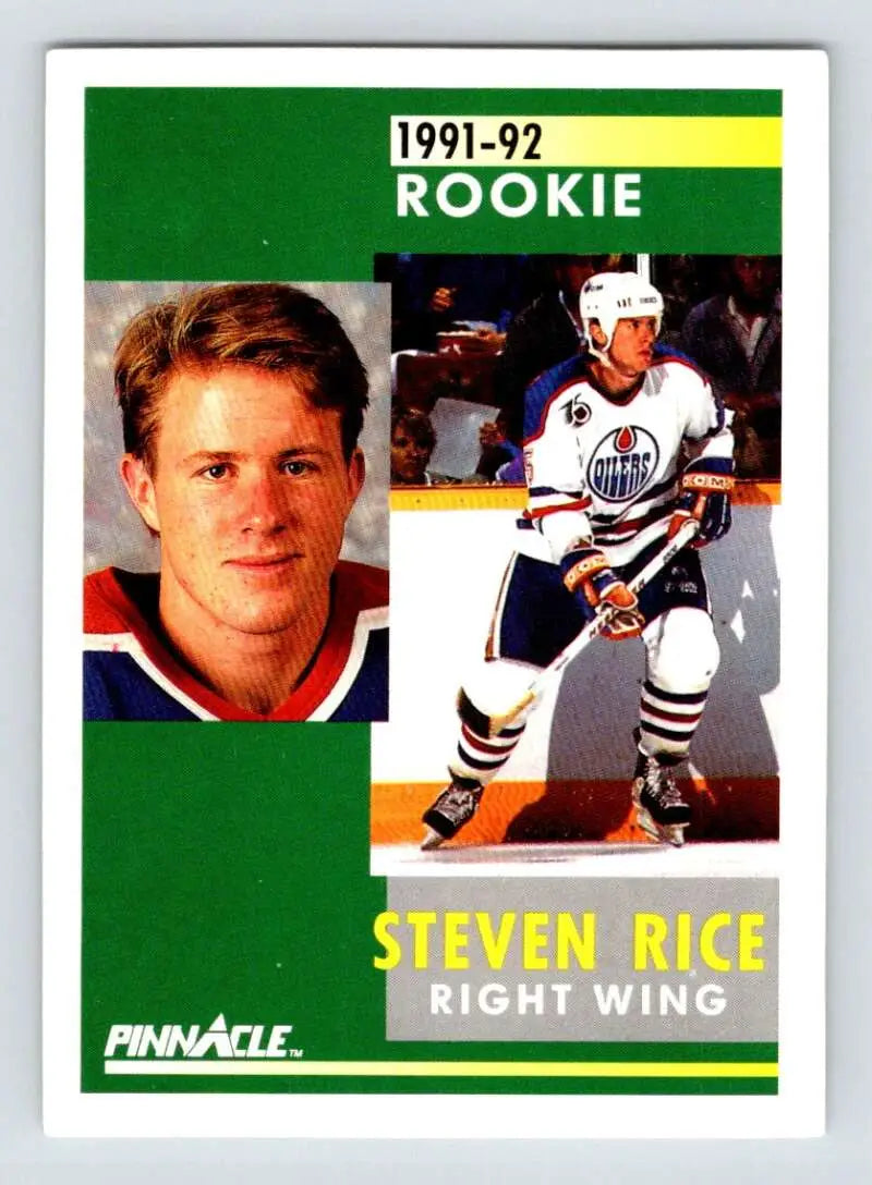 1991-92 Pinnacle Steven Rice hockey card featuring Edmonton Oilers player design