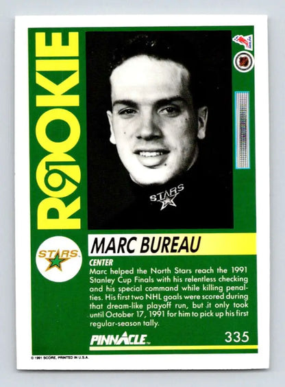 Green and white Pinnacle trading card featuring Marc Bureau of the Minnesota North Stars