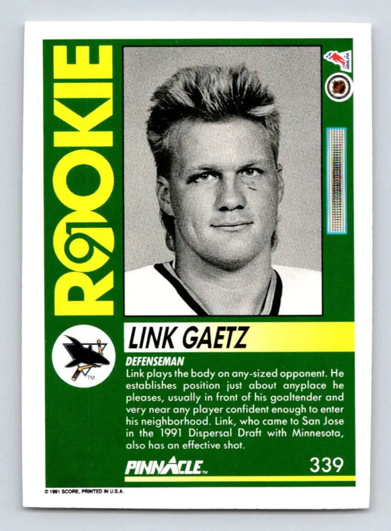 Vintage green and white 1991-92 Pinnacle hockey card of San Jose Sharks player Link Gaetz