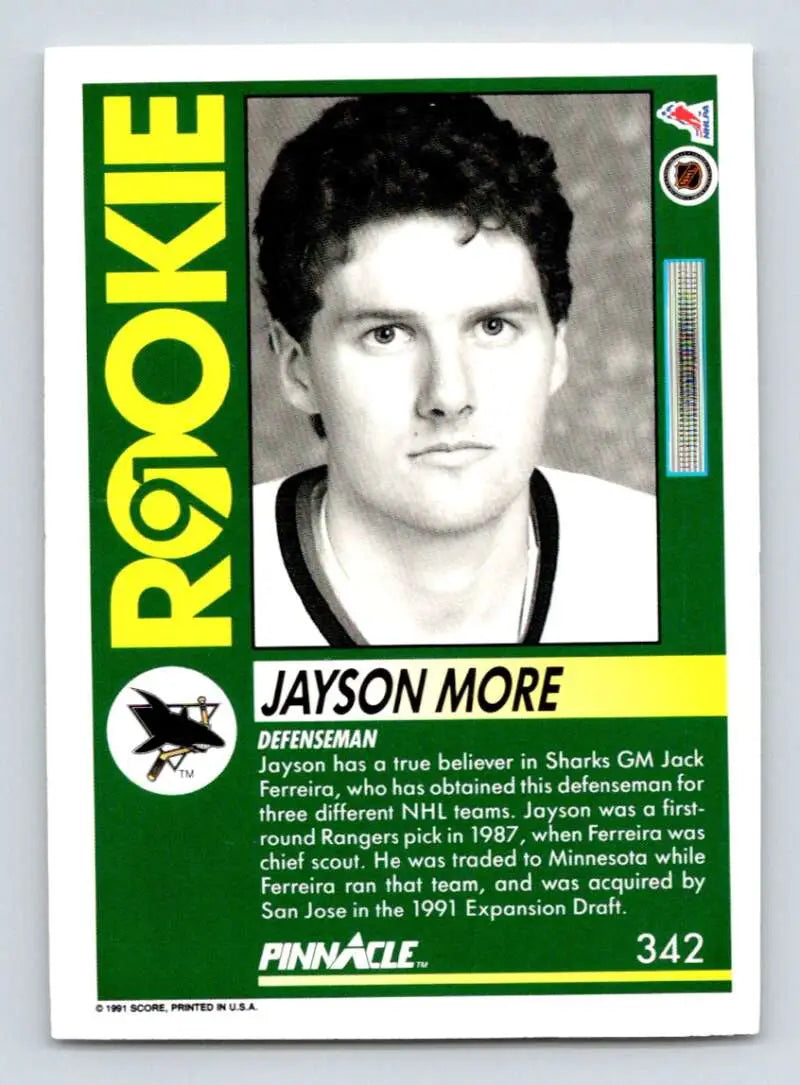 Hockey trading card featuring Jayson More, San Jose Sharks RC with green borders