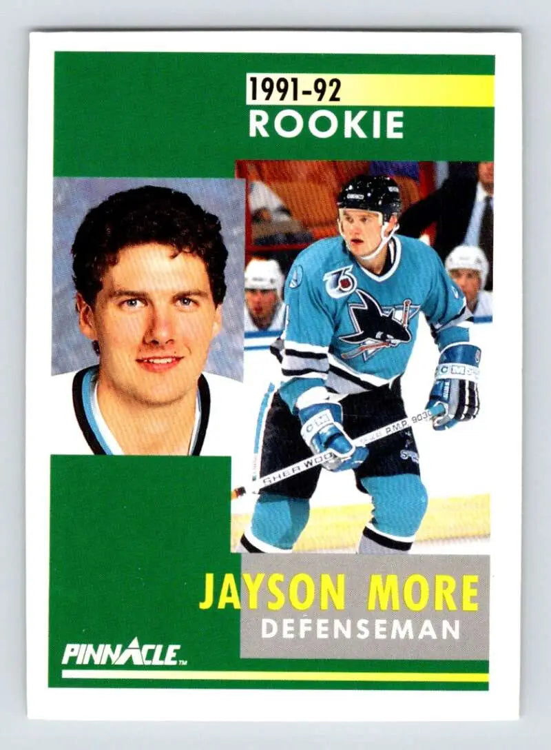 1991-92 Pinnacle rookie card of San Jose Sharks defenseman in teal uniform