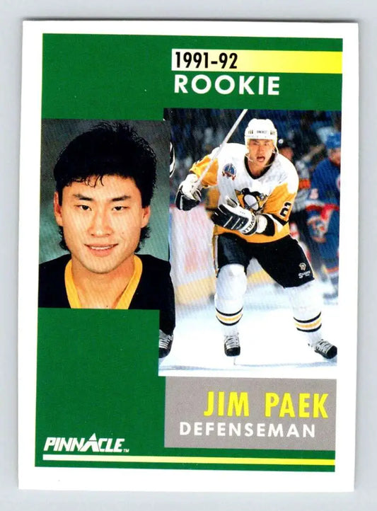 1991-92 Pinnacle Jim Paek rookie card in Pittsburgh Penguins uniform, NM-MT condition