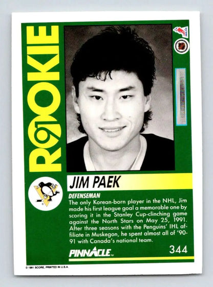 Vintage green Pittsburgh Penguins 1990 Jim Paek rookie trading card NM-MT condition