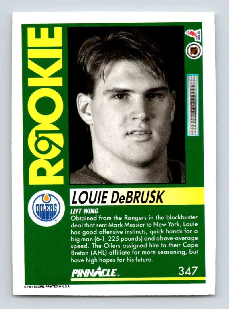 Vintage 1991-92 Pinnacle Hockey Card featuring Louie DeBrusk of the Edmonton Oilers