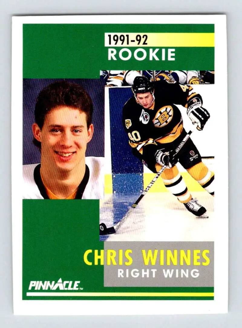 1991-92 Pinnacle hockey card of Chris Winnes, Boston Bruins right wing in action and portrait