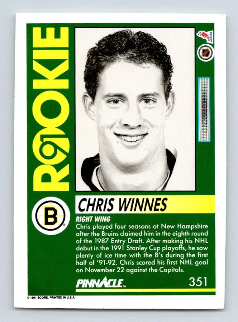 Hockey card featuring Chris Winnes in black and white with green borders for Boston Bruins