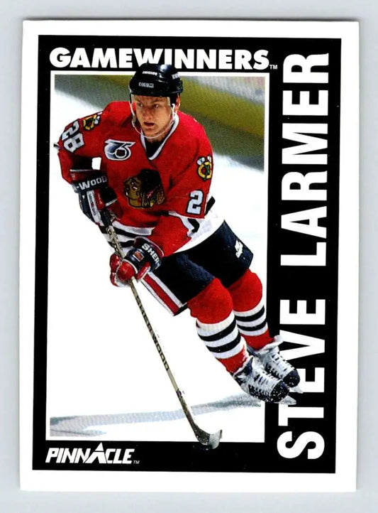 Hockey card of Steve Larmer skating in red jersey for Chicago Blackhawks