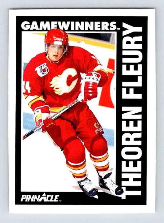 Theo Fleury skating in red uniform on 1991-92 Calgary Flames hockey card