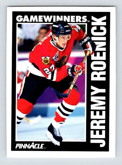 Hockey card of Jeremy Roenick in red Chicago Blackhawks jersey skating on ice