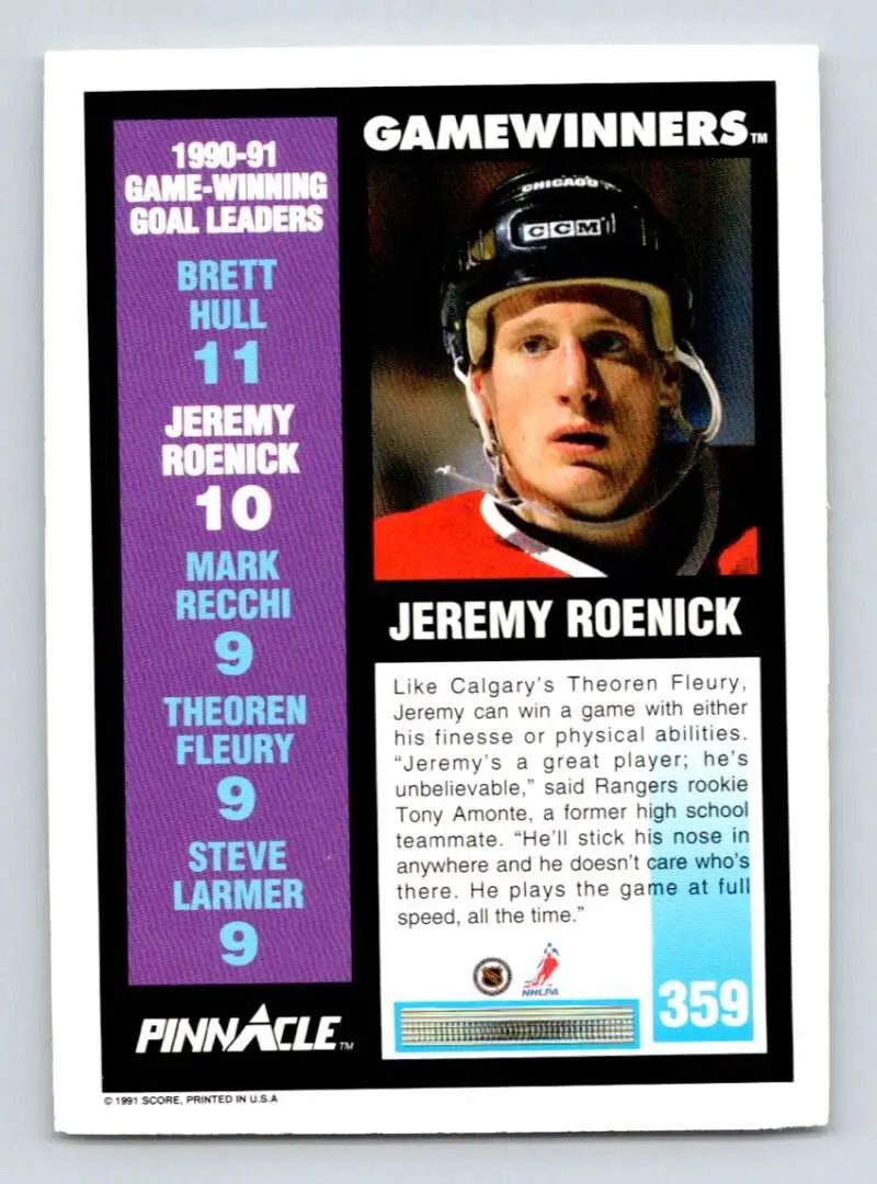 Jeremy Roenick Chicago Blackhawks hockey card with game-winning goal statistics