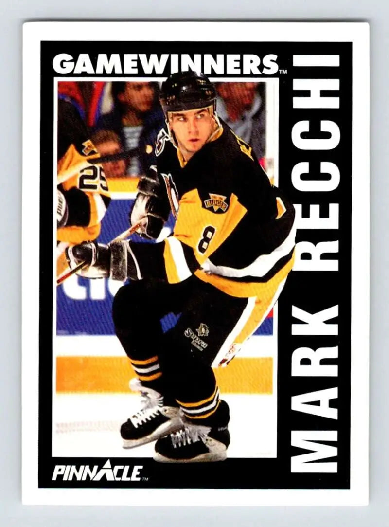 Hockey card of Mark Recchi in black and gold Pittsburgh Penguins uniform