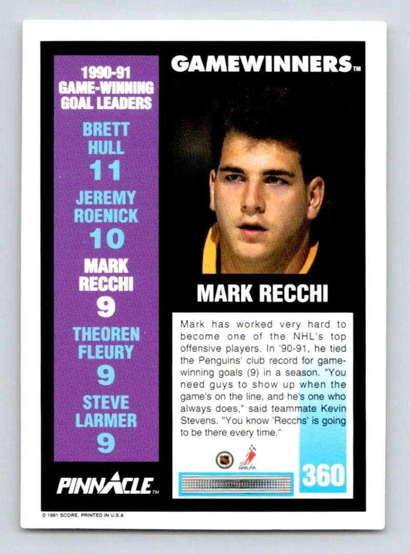 Pittsburgh Penguins hockey card featuring Mark Recchi’s game-winning goal stats 1990-91