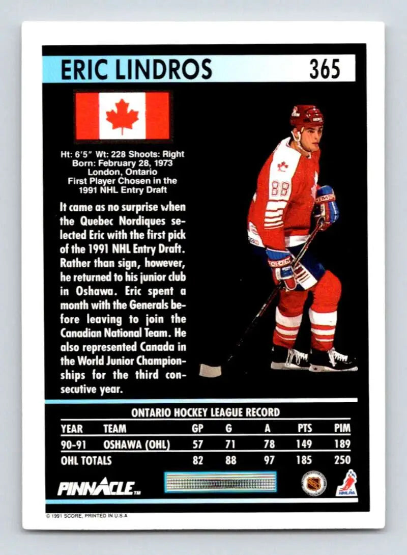 Eric Lindros NM-MT Hockey Card featuring a Canadian player in red and white uniform