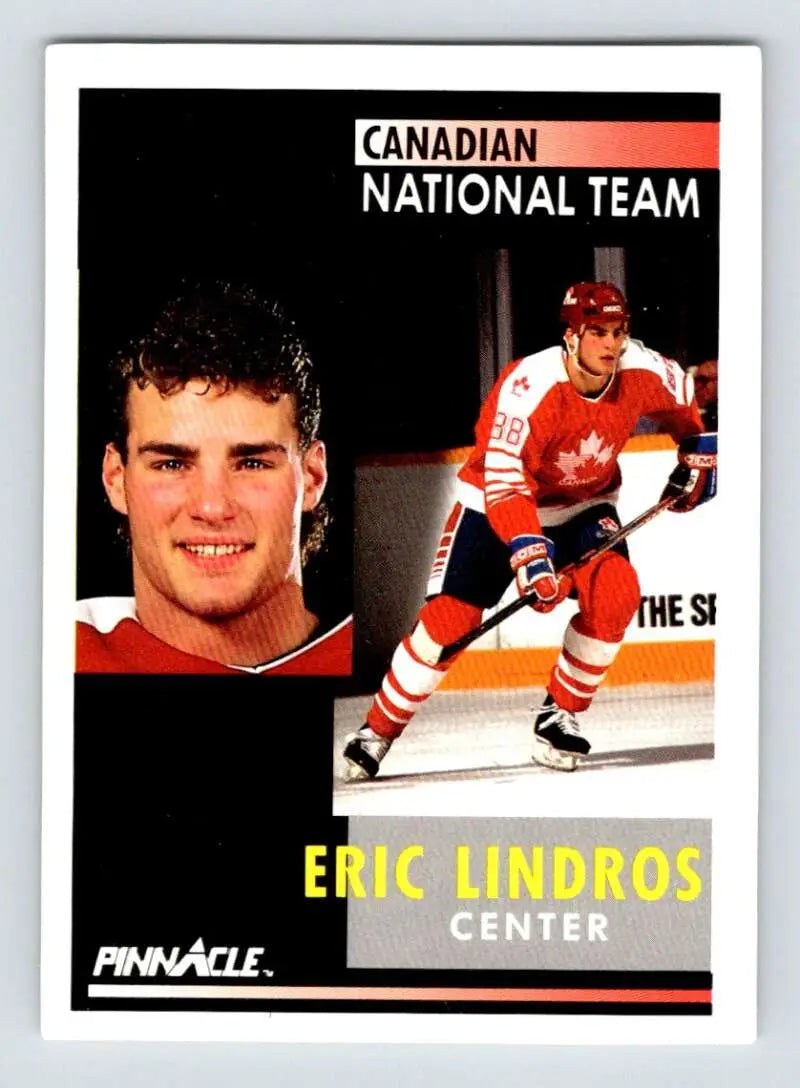 Hockey card featuring Eric Lindros in Team Canada red and white uniform, NM-MT condition