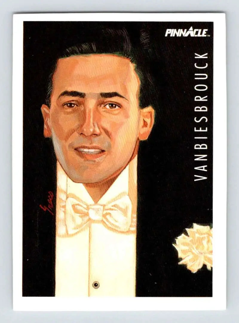 Portrait trading card of John Vanbiesbrouck in tuxedo, New York Rangers Hockey Card