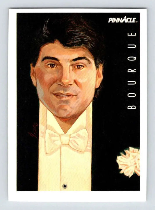 Portrait trading card of Ray Bourque in formal attire for Boston Bruins Hockey