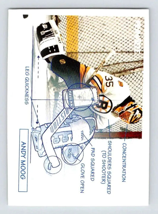 Andy Moog making a save in goal for the Boston Bruins on hockey card 1991-92 Pinnacle #379