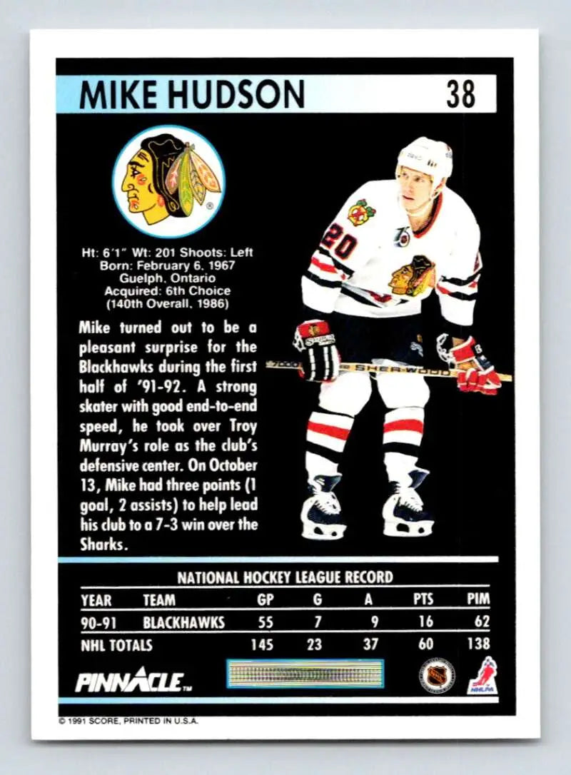 Hockey card of Mike Hudson in Chicago Blackhawks jersey number 38 with team logo