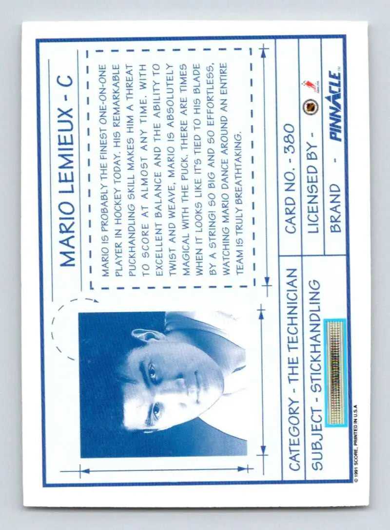 Blue and white identification card featuring Mario Lemieux Tech from Pittsburgh Penguins Hockey