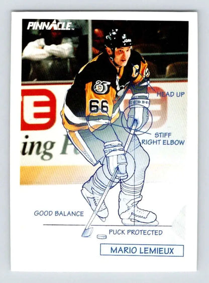 Hockey trading card of Mario Lemieux in black and yellow uniform, Pittsburgh Penguins Hockey