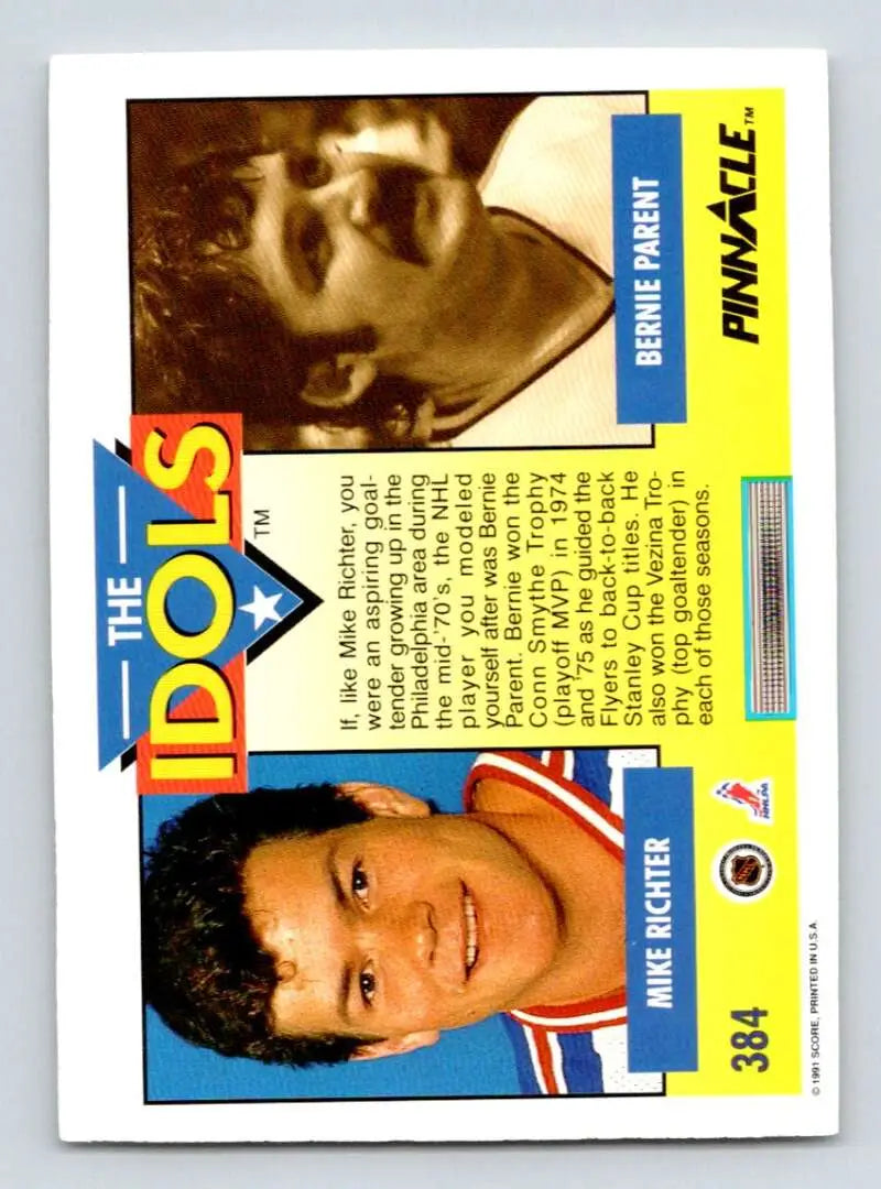 Vintage 1980s baseball trading card featuring Mike Richter and Bernie Parent for New York Rangers