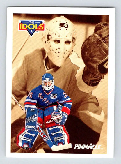 Hockey goalie in white mask and New York Rangers uniform, Mike Richter card image