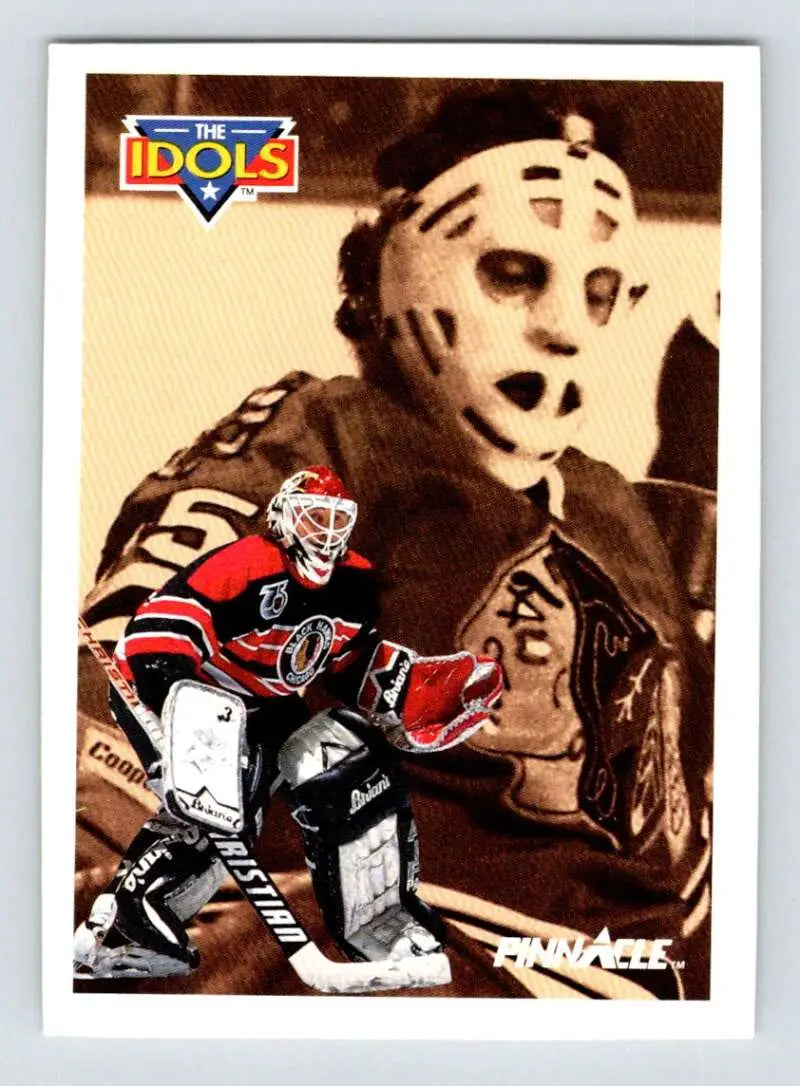 Hockey goalie in vintage mask and red jersey showcasing Chicago Blackhawks action for Tony Esposito