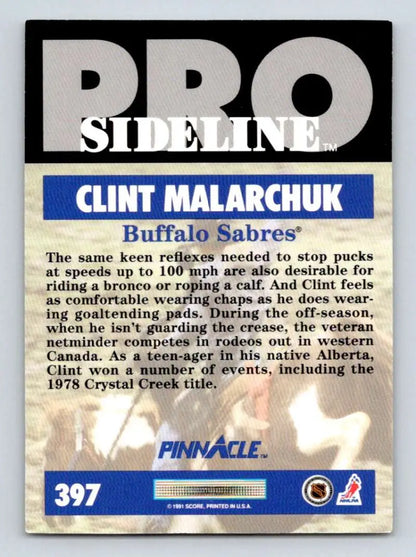 Pinnacle Pro Sideline Hockey Card of Clint Malarchuk from Buffalo Sabres