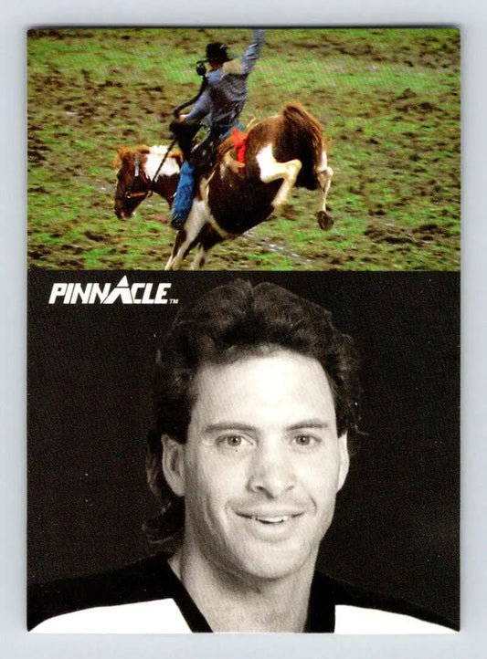 Split trading card featuring rodeo action and Clint Malarchuk of the Buffalo Sabres