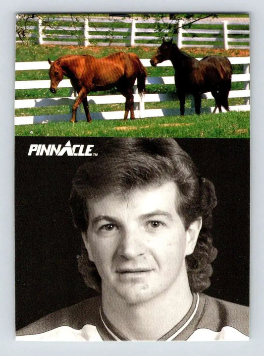 Vintage Pinnacle trading card of Calgary Flames Hockey featuring horses by a white fence