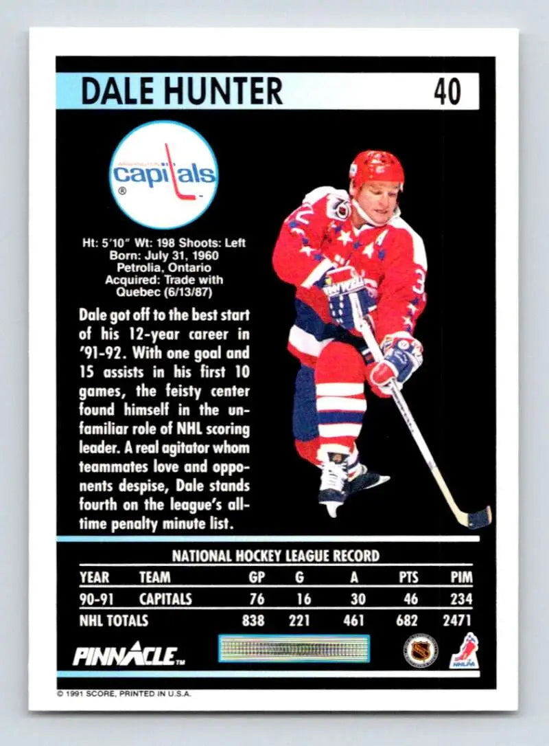 Dale Hunter Washington Capitals Hockey Card in red uniform from 1991-92 Pinnacle series