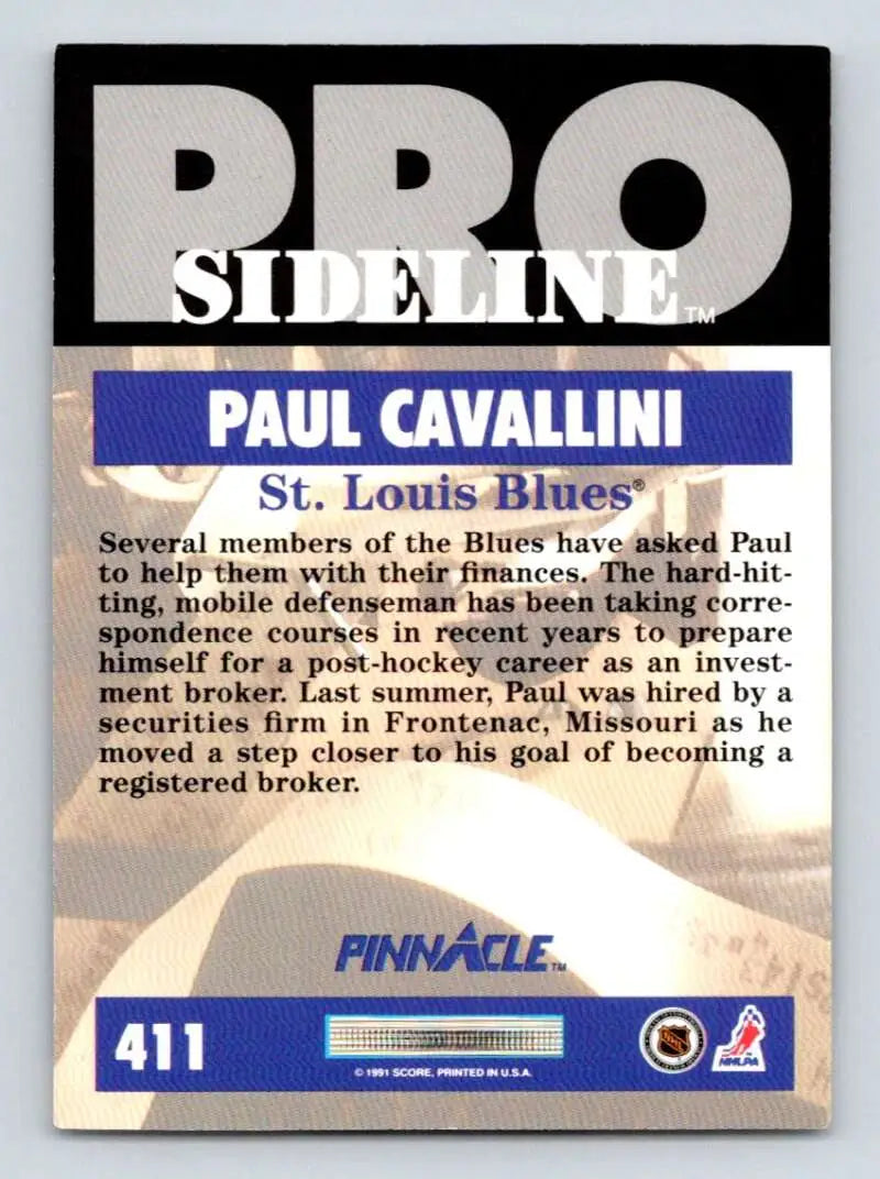 Hockey card of Paul Cavallini from the St. Louis Blues in Pinnacle’s Pro Side Line series