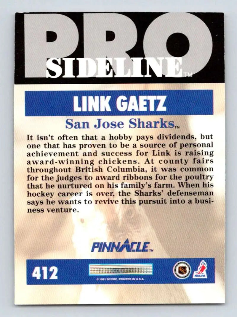 Hockey card featuring Link Gaetz of San Jose Sharks from Pinnacle Pro Sideline series