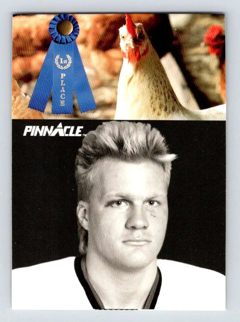 Blue prize ribbon and chicken image above black and white portrait of Link Gaetz hockey card