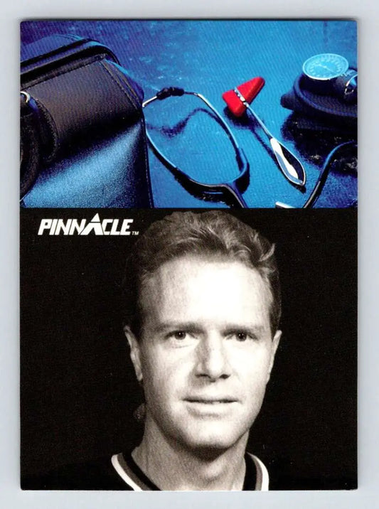 Pinnacle trading card featuring Randy Gregg with medical equipment and Vancouver Canucks logo