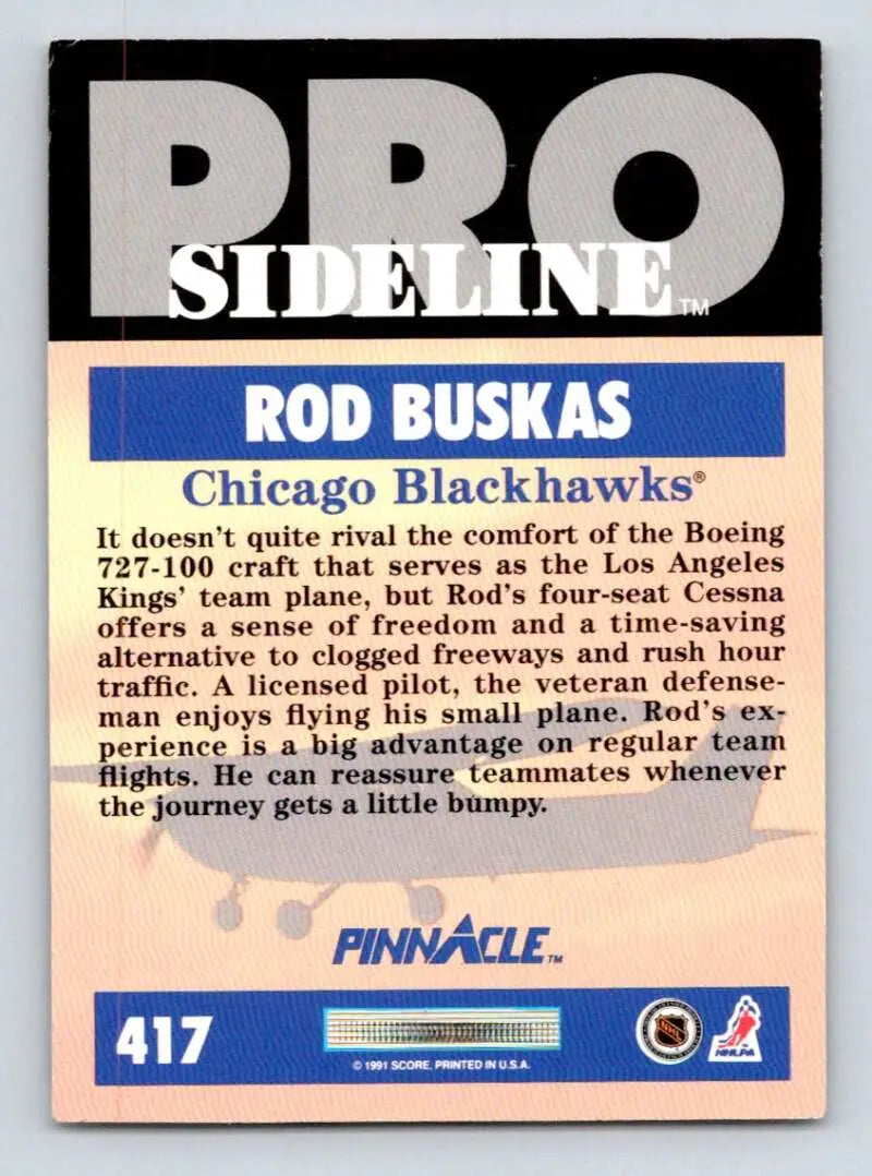 Trading card of Rod Buskas from the Chicago Blackhawks in Pinnacle’s Pro Sideline series