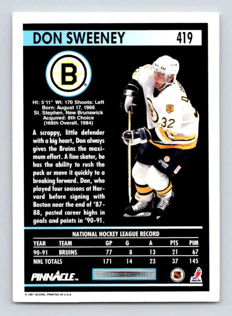 Don Sweeney Boston Bruins hockey card in white and yellow uniform from 1991-92 Pinnacle