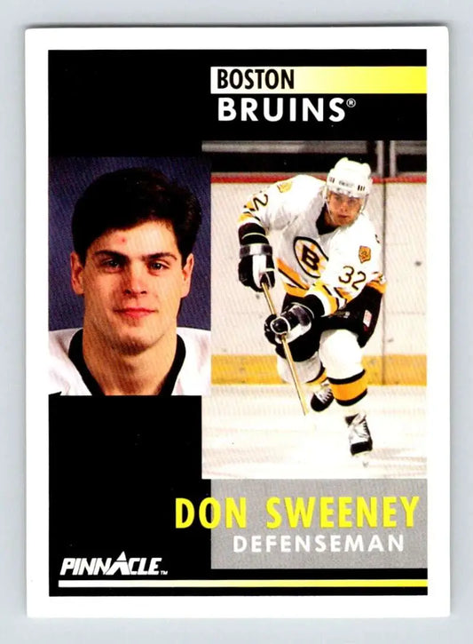 Don Sweeney hockey card featuring Boston Bruins defenseman in portrait and action shots