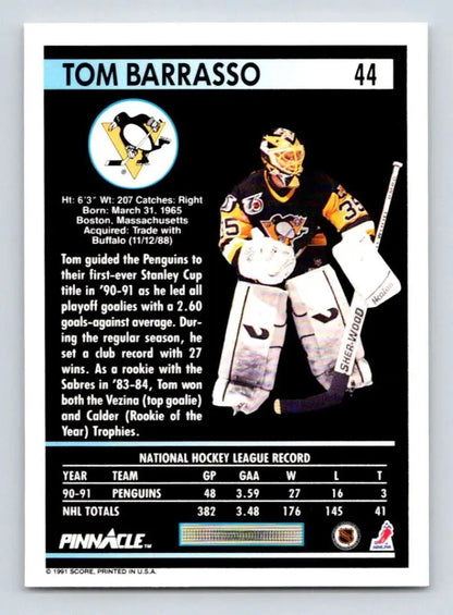 Tom Barrasso Pittsburgh Penguins hockey card from 1991-92 Pinnacle #44 in NM-MT condition