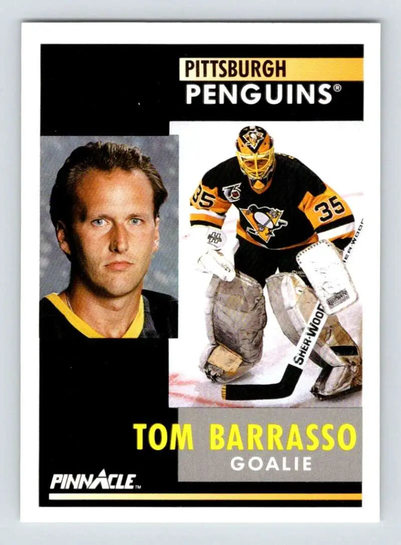 Hockey card of Tom Barrasso in black and gold Pittsburgh Penguins uniform