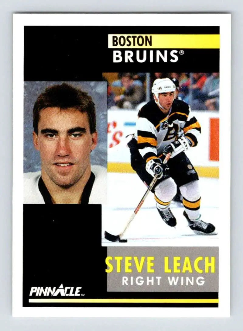 Hockey card of Stephen Leach featuring Boston Bruins action and portrait poses