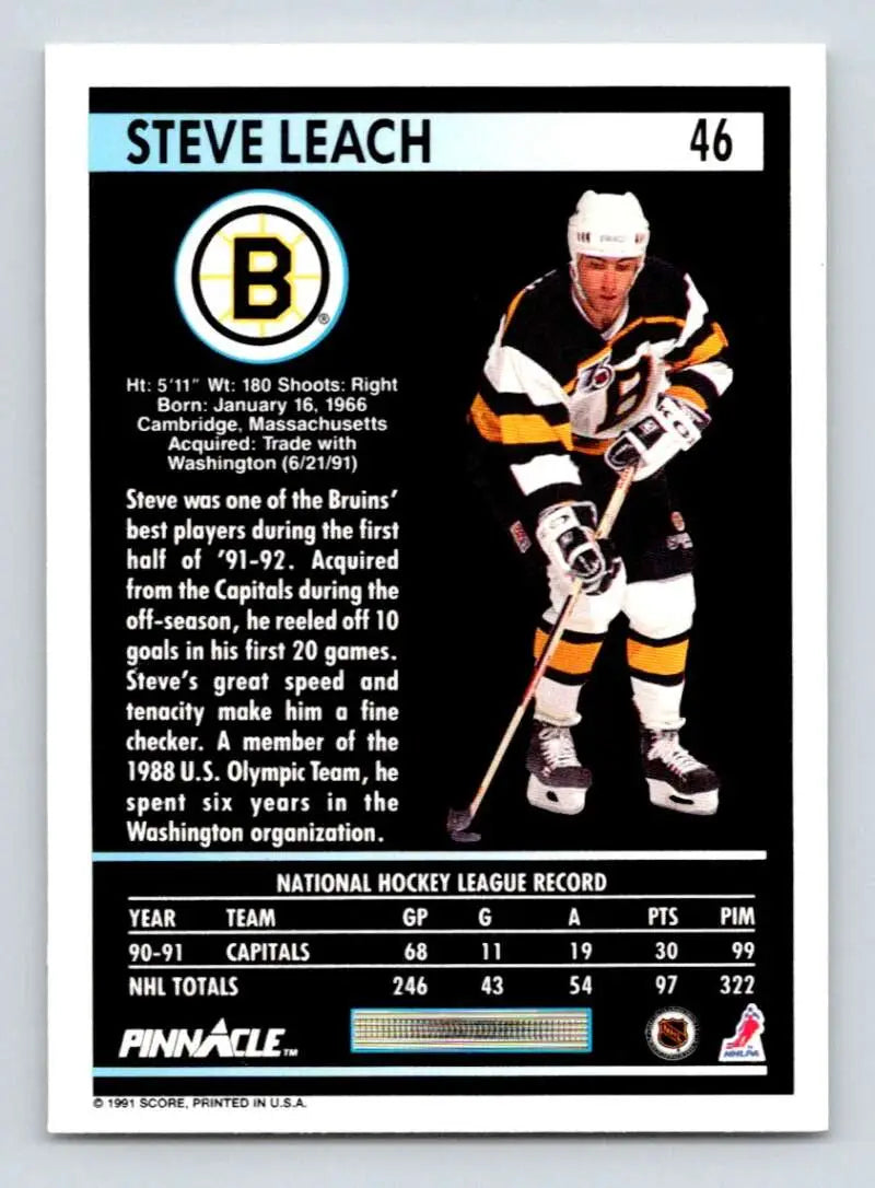 Hockey card of Stephen Leach in Boston Bruins jersey number 46, 1991-92 Pinnacle