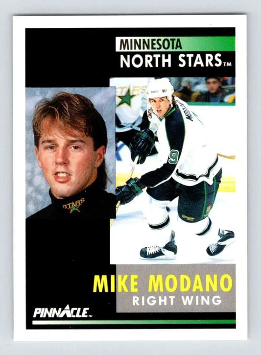 Hockey trading card of Mike Modano showcasing Minnesota North Stars poses