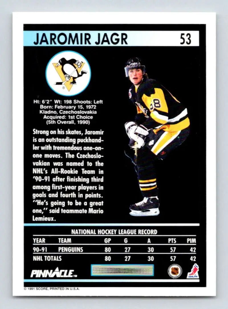 Pittsburgh Penguins Jaromir Jagr hockey card from 1991-92 Pinnacle featuring jersey 68