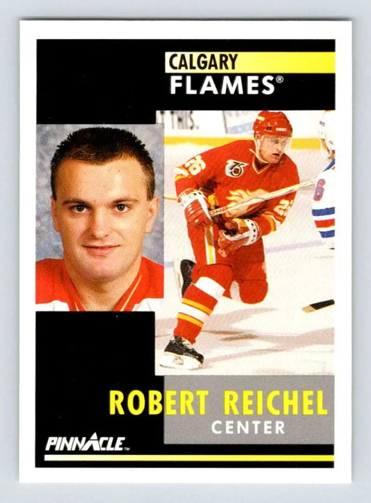 Hockey card of Robert Reichel in red Calgary Flames uniform from 1991-92 Pinnacle series