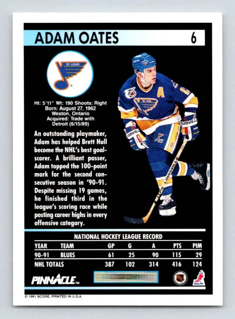 Hockey card of Adam Oates in St. Louis Blues uniform, 1991-92 Pinnacle #6